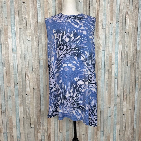 Clara Sun Woo Tops - Clara Sun Woo XL Blue Artsy Botanical Print Asymmetric Jersey Tunic Top Tank